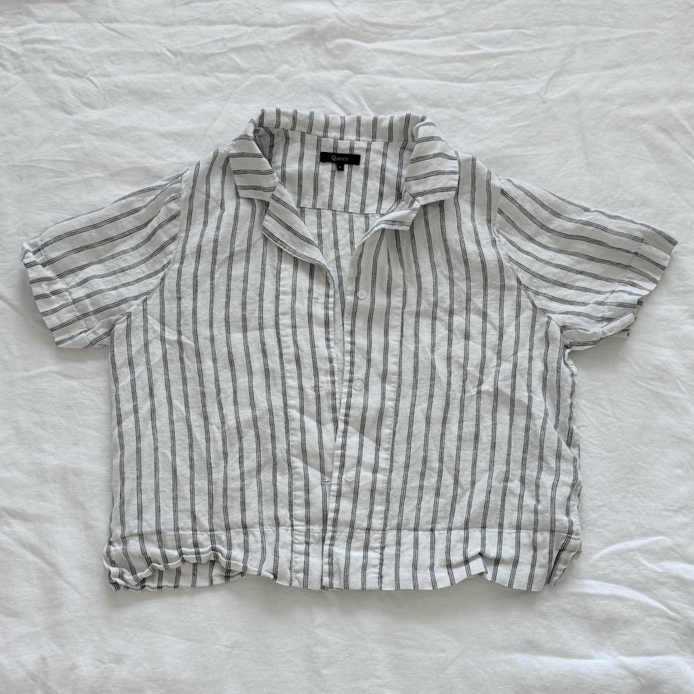 Quince Linen Short-Sleeve Button-Up, Black Stripes on Natural/Off-White